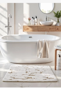 Close-up of thick plush floral bath mat with high-low pile texture near modern white bathtub