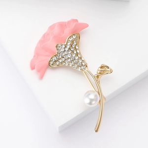 Elegant carnation flower brooch with pink resin petals, gold plating, and pearl accents