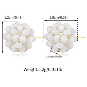 Detail view of woven crystal earrings with precise 1.2cm size and weight measurements