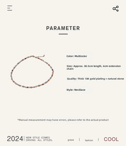 Detailed view showing natural stone necklace dimensions and 18k gold plated chain details