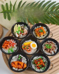 Miniature Japanese unagi and seafood rice bowl charms with realistic food textures