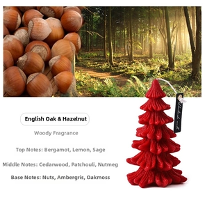 Detail of red Christmas tree candle with English Oak and Hazelnut woody scent notes