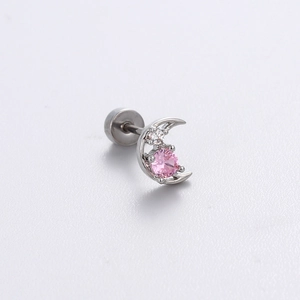 Silver crescent moon stud earring with pink zircon gemstones and screw back fastening