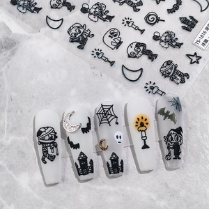 5D embossed Halloween nail stickers with mummy, castle, and bat motifs in black and white