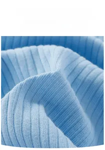 Detail shot of light blue ribbed knit cotton fabric for newborn baby rompers