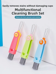 Three-piece multifunctional cleaning brush set in pink, green, and blue for bottle gaps