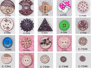 Detailed catalog of decorative handmade buttons in various shapes for DIY sewing projects