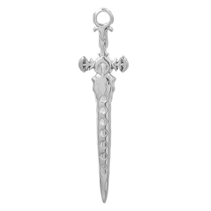 Macro shot of silver 304 stainless steel sword pendant with engraved moon phase pattern