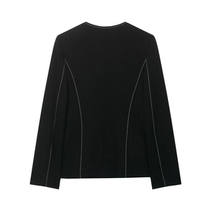 Back view of women's black blazer with white contrast stitching and tailored finish