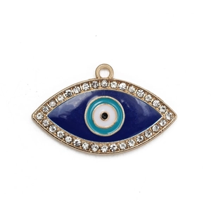 Golden Evil Eye pendant necklace with blue enamel and sparkling crystal frame decoration