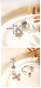 Macro detail of silver cross stud earring with square zircon and steel screw back