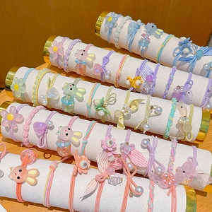 Colorful high-elastic hair ties for girls with cartoon rabbits and floral charms