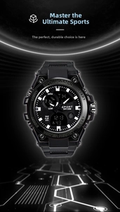 Macro view of black sports watch dial featuring dual display and 30M water resistance