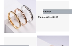 Detail of three 316 stainless steel hinged bangles in gold, rose gold and silver finishes