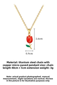 Detailed size specifications for a rose tulip pendant necklace in gold-tone titanium steel