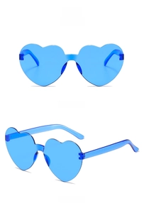 Detailed front and side views of blue heart-shaped rimless sunglasses in transparent blue