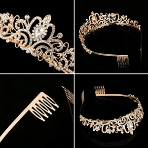 Golden bridal rhinestone crown headband with intricate diamond patterns and hair combs