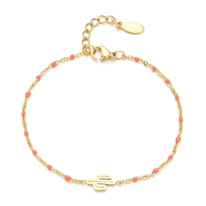 Bohemian gold chain bracelet with orange beads and minimalist cactus charm pendant