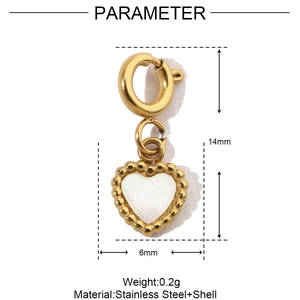 Detail view of heart-shaped shell pendant with size 14mm and 6mm measurements