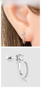 Macro shot and model view of U-shaped earrings with micro-inlaid cubic zirconia