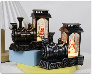 Detail of Christmas crystal ball trains with Santa and Snowman inside with light effects