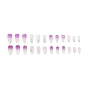 Dreamy purple gradient press-on nails with 3D crystal accents and pearl details