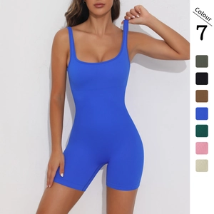Women Athletic Romper Ribbed Seamless Bodysuit Nylon Spandex Breathable Yoga Fitness Gym Jumpsuit Slim Fit