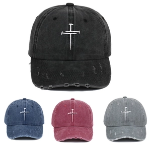 Baseball Cap Washed Cotton Distressed Ripped Brim Cross Embroidery Vintage Adjustable Sun Hat For Men Women Casual Style
