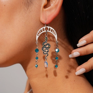 Snake Moon Dangle Earrings Alloy With Blue Crystal Beads Gothic Tassel Bohemian Ethnic Style Jewelry For Women