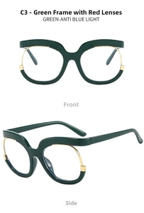 Front and side view of Y2K owl frame glasses in green with anti-blue light lenses