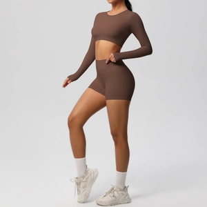 Detailed view of dark brown high-elastic yoga set with long sleeve crop top and shorts