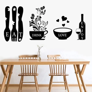 Kitchen wall decals with EAT DRINK LOVE ENJOY text and black tableware silhouettes