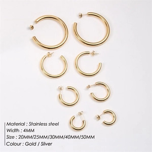 Gold-plated C-shaped stainless steel hoop earring set in sizes 20mm to 50mm