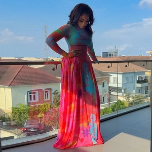 Retro pleated long sleeve A-line maxi dress with abstract colorful print and high neckline