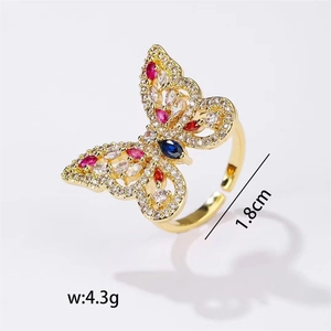 Copper butterfly ring with colorful cubic zirconia stones and 1.8cm diameter detail