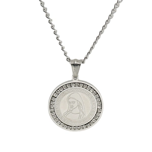 Silver Virgin Mary round pendant necklace with Greek key pattern and crystals on a rope chain