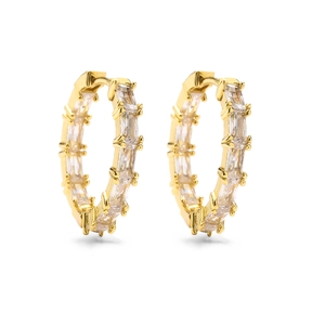 Gold hoop earrings featuring channel-set rectangular zircon stones in a sleek design