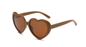Detail view of caramel brown heart-shaped sunglasses with thick frame at 45-degree angle