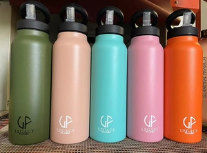 Five colored stainless steel insulated water bottles with ring lids and magnetic phone mounts