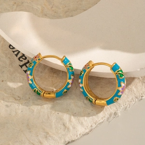 Chinese style blue enamel floral huggie hoop earrings in gold-plated stainless steel