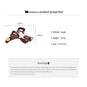 Detailed specs of acrylic star bow hair claw in dark brown with 33.3g weight