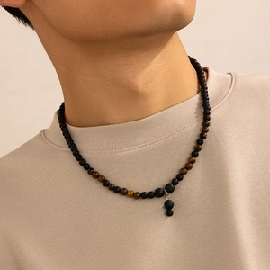 Men Beaded Necklace With Natural Black Lava Rock And Brown Tiger Eye Stone Beads Handmade Hip Hop Style Adjustable Jewelry