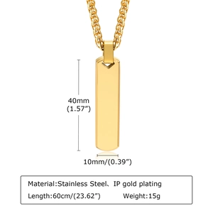 Detailed size chart of gold rectangular pendant necklace with stainless steel dimensions