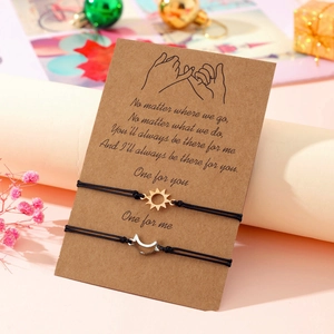 Handmade woven sun and moon bracelet set for couples and friends on a gift card