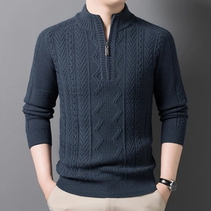 Men's navy blue cable knit sweater with half-zip stand collar and textured patterns