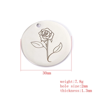 30mm minimalist rose flower pendant necklace charm with dimension and weight details
