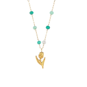 Collier avec pendentif tulipe dorée et perles vert clair au design floral épuré
