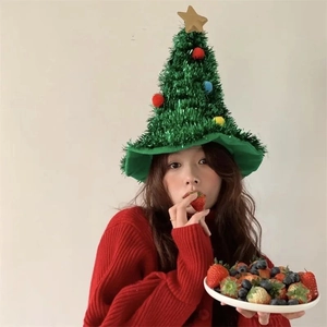 Christmas tree shaped party hat with plush ornaments and golden star for festive decor