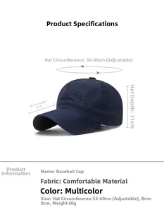 Size chart for quick-dry baseball cap with adjustable strap and breathable laser-cut holes