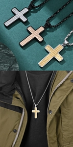 Detailed view and model shot of stainless steel cross pendants in three color variants